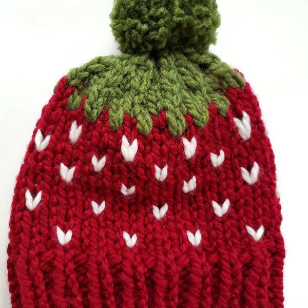Strawberry Hat, Hand Knit Hat, Fun Hat To Wear, Warm Hat, Attached Pom Pom, Many Sizes Available From 0-3 Months To Adult