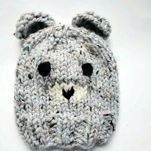 Hand Knit Gray Bear Hat, Bulky Yarn, Warm Winter Hat, Multiple Sizes Avaiable, Great Hat For Every One.