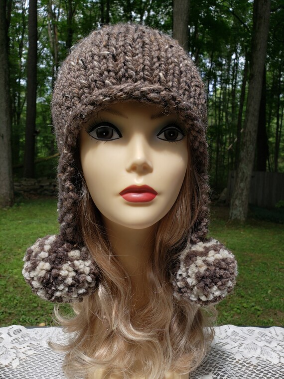 Ski Knit Cap, Adult Hat, Unisex Hat, Hand Knit Hat, Two Large Attached Pom Poms, Warm Hat, Winter Hat, Great Gift, Fast Shipping