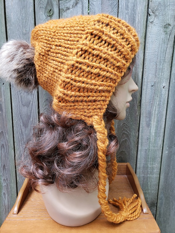 Handmade Hand Crafted Knit Wool Slouchy Hat with Fur Pompom Pumpkin Holiday Handknit Hat With Sable Faux Fur Pompom - Pumpkin - Etsy main image 2