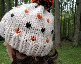 Colors Of Fall Hat, Black And Orange And White Bulky Yarn, Adult Unisex Hat, One Size Fits Most, Attached Pom Pom, Hand Knit Branie Hat.