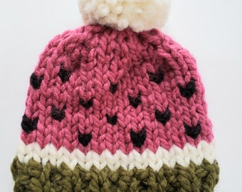 Watermelon Knit Hat, Hand Made, New Born, Toddler, Child, Teen, Adult Sizes Available, Bulky Knit Yarn, Pom Pom Attached