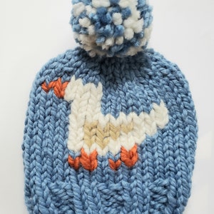 Hand Knit Beanie Duck Hat, Hand Made Warm Bulky Knit Hat, Attached Pom Pom, Unisex Knit Hat