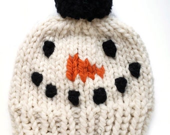 Snowman Winter Knit Hat, Hand Knit, Hand Made, Warm Bulky Yarn Knit Hat, Attached Pom Pom, Fun Hat To Wear For The Winter Season.
