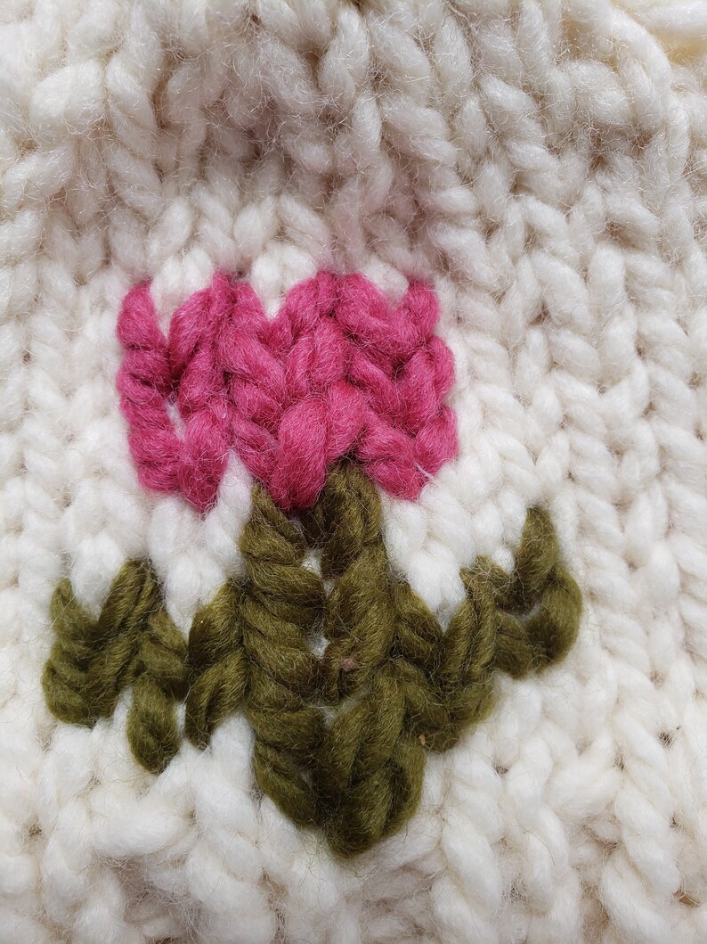 Beanie Hat Attached Pom Pom Toddler Bulky Yarn TeenAdult Sizes. Knit Hat With A Flower Child