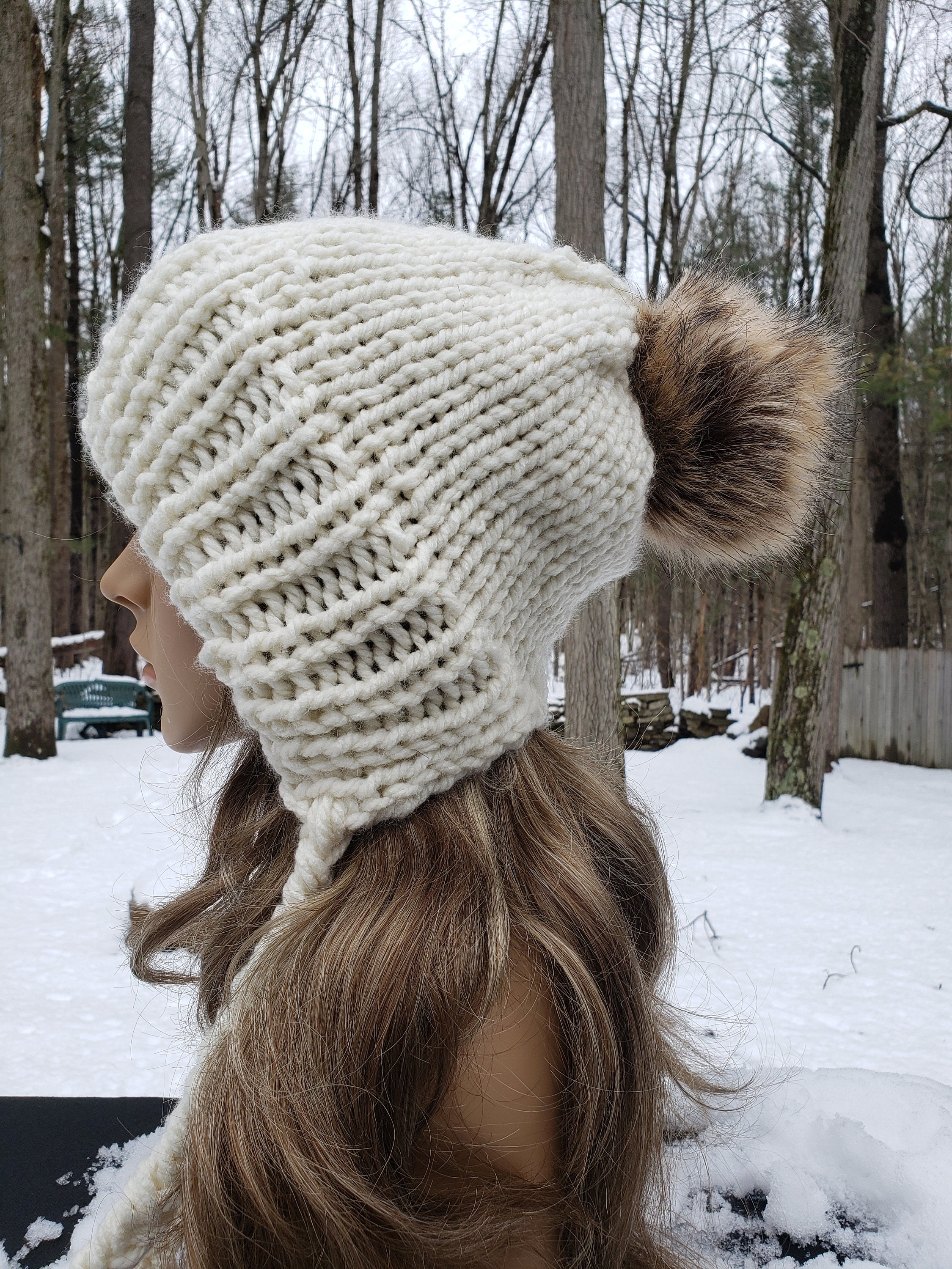 Handmade Hand Crafted Knit Wool Slouchy Hat with Fur Pompom Cream Ivory Peruvian Wool Knit Hat with Faux Fur Pom Pom – Woolly  main image 2