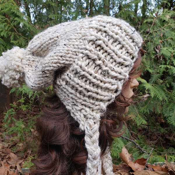 Hand Made Knit Adult Womens Slouchy Hat With Large Pom Pom Size Fits Most Warm Fall Winter Hat Long Braided Ties Gift For Her Fast Shipping