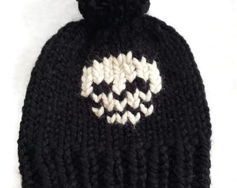 Skull Knit Hat, Beanie Hat, Halloween Scull Knit Hat, Gender Nuetral Hat, Knit Hat With Yarn Pom Pom Or Without The Pom Pom Your Choice