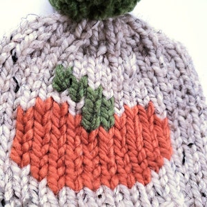 May include: A hand-knitted gray beanie with a pumpkin design. The pumpkin is orange with a green stem, and the hat has a green pom-pom on top. The hat is made of thick, textured yarn, perfect for fall and winter.
