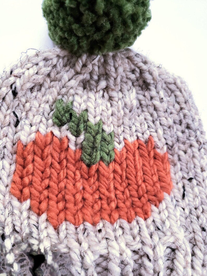 May include: A hand-knitted gray beanie with a pumpkin design. The pumpkin is orange with a green stem, and the hat has a green pom-pom on top. The hat is made of thick, textured yarn, perfect for fall and winter.