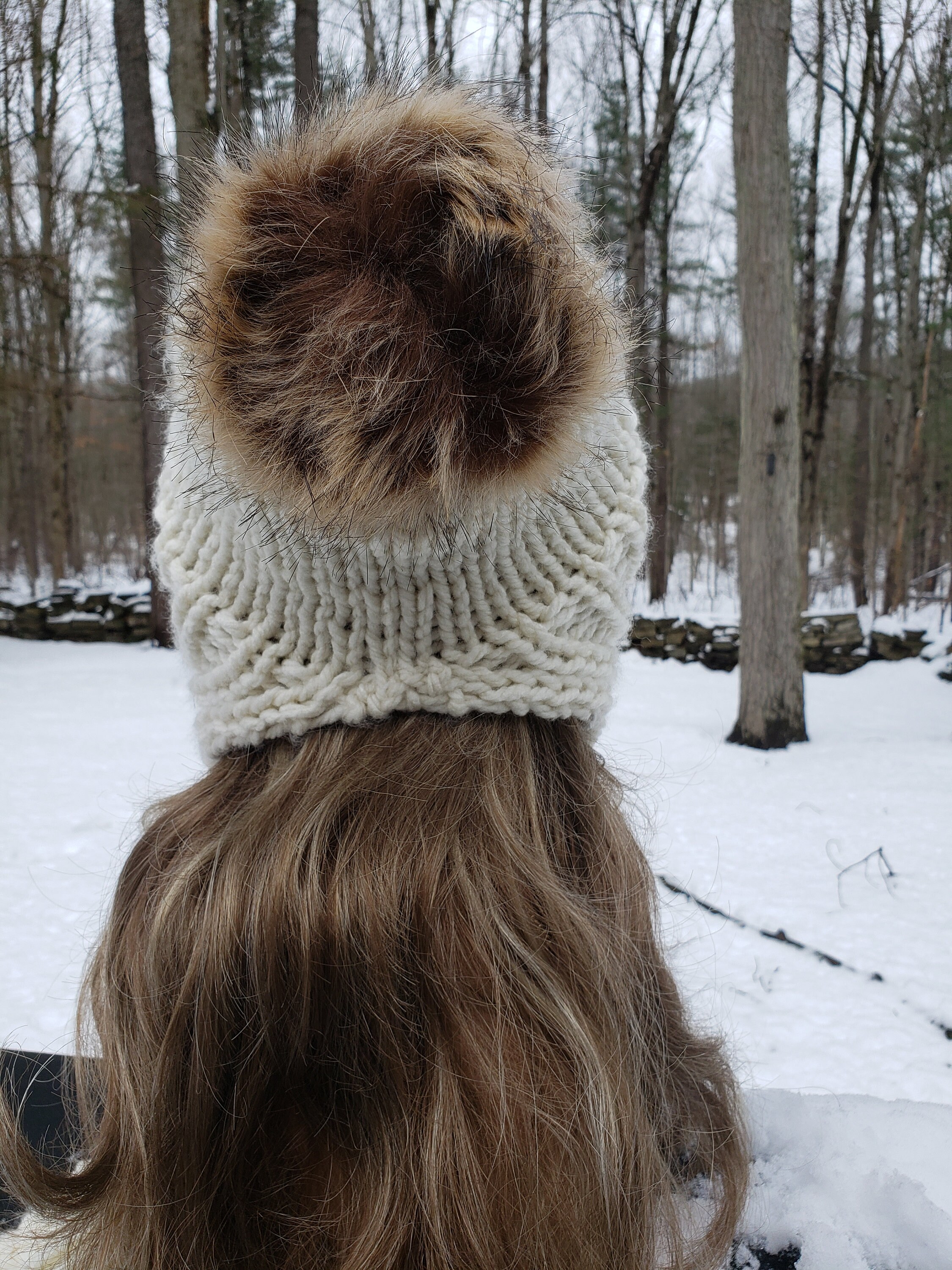 Handmade Hand Crafted Knit Wool Slouchy Hat with Fur Pompom Cream Pearl Gray Merino Wool Knit Hat with Faux Fur Pom Pom  main image 3