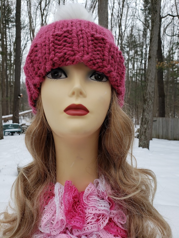 Beanie Hand Made Knit Hat for Adult and Teen Deep Raspberry  display picture 2