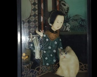 アンティークの中国製オリジナル裏面塗装済み絵画「水辺の女性と睡蓮