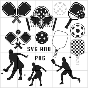 May include: Black and white silhouette images of people playing pickleball. The image includes various pickleball paddles, balls, and nets. The text "SVG AND PNG" is included in the image.