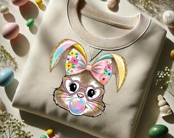 easter bubblegum png, easter bunny png, floral bunny clipart, bunny with glasses, glitter bunny png, pastel bunny design, bubble gum bunny