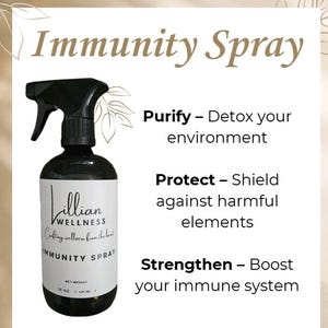 May include: A black spray bottle labeled "Immunity Spray" with a black trigger. The label includes the text "Lillian Wellness" and "Crafting wellness from the heart." The image also includes the text "Purify," "Protect," and "Strengthen."