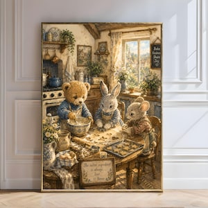 Gemütliche Cottage-Bäckerei mit Tierfreunden, Bilderbuchillustrationen zur Cottage-Bäckerei, Bär, Hase und Maus beim Backen (Digitaler Download)