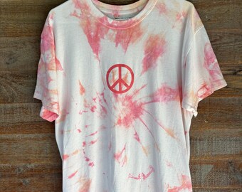 Hand-Dyed Pink Tie-Dye T-Shirt with Peace Sign | Unisex Boho Tee | Retro Hippie Shirt