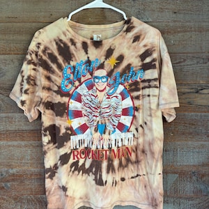Upcycled Elton John Rocket Man Tie-Dye T-Shirt: Bleach Dyed Vintage Band Tee - Size M