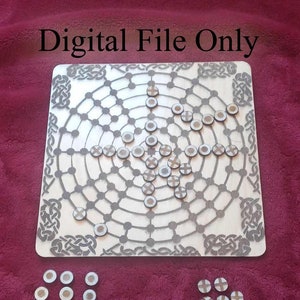 May include: A wooden game board with a Celtic knot design border and a web-like pattern in the center. The board is surrounded by 2 sets of game pieces, one set with circles and one set with crosses. The text "Digital File Only" is printed at the top of the image.