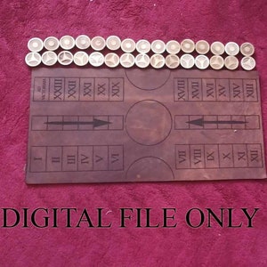May include: A brown leather game board with Roman numerals and arrows. The board is surrounded by a set of 24 small, round, wooden game pieces.