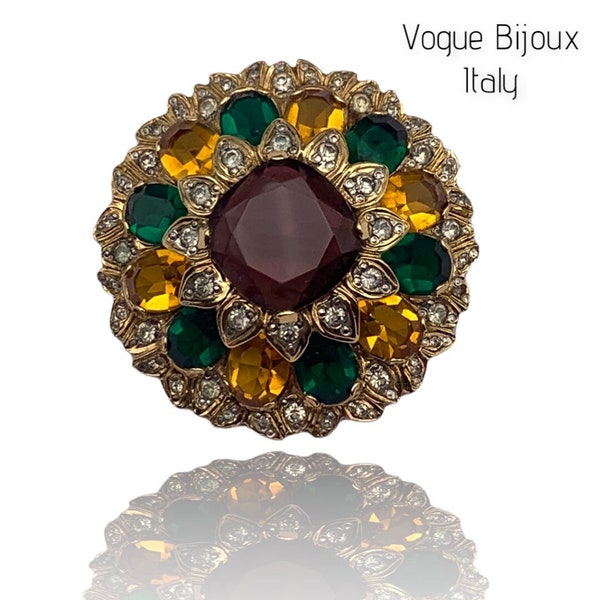 Gorgeous VOGUE BIJOUX domed layered brooch - Hight-end vintage jewel with unfoiled stones and sparkling clear crystals -art-240/6