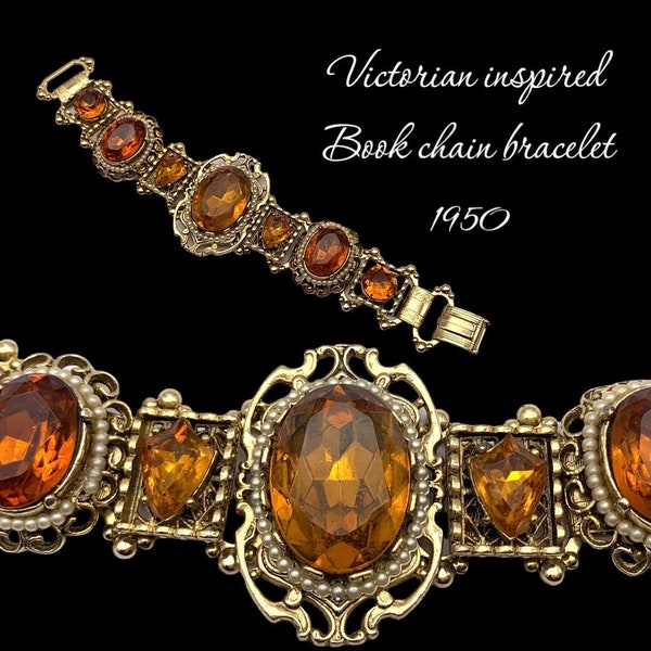 Incroyable chaîne livre de style néo-victorien en verre orné d'ambre et de fausses perles - Le meilleur bracelet chaîne livre de tous les temps ! -art.765/5