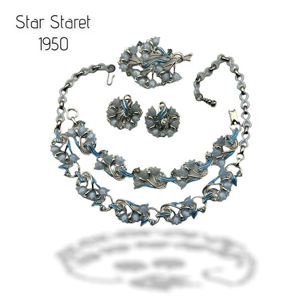 STAR Staret Full Parure floral arrangement tulips delicate blue palette w/enamel, thermoset, rhinestones set on rhodium-plated - Art.480/6