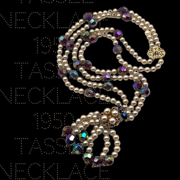 Magnifique ancien collier à deux rangs avec pompon - Collier de perles simulées, perles de verre paon ardent - Collier brillant des années 50 - Art.452/6