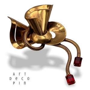 French Retro bow pin  dangling fringe ending with 3 faceted ruby red rhinestone,  circa 1940s -- Art.914/5