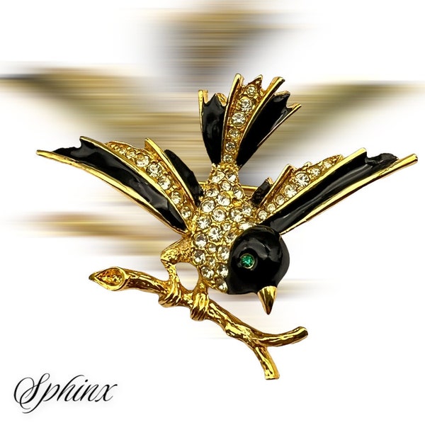 Sphinx Enamel Bird Pin, Sparrow / Swallow Brooch, Vintage Sphinx Enamel Rhinestone Gold/Black  Bird on Branch Brooch- Art.501/6