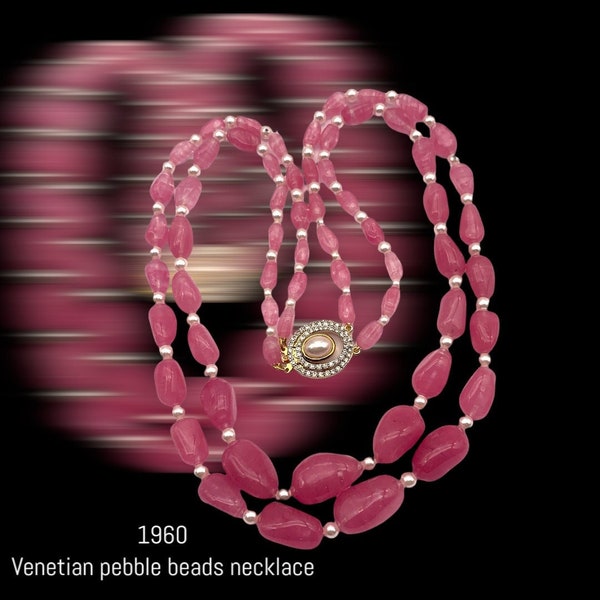 Collier vénitien deux rangs effet sucré en perles de verre roses avec imitation de perles - transparents et perles fantaisie - Art.138/6