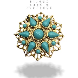 Bijoux CASCIO awesome brooch inspired by Renaissance jewels w/glass Turquoise cabochons - Italian luxury for collection-Art.445/6