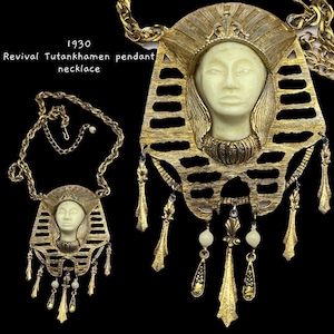 1930s Revival Tutankhamun Tut Egypt Pharaohs Necklaces Pendants - Imposing Antique Jewel  w/Pharaoh face and twisted chain--Art.409/6