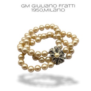 Giuliano FRATTI 1950s Vtg Art Deco 3-strand Simulated Pearl Bracelet - lovely crystal clasp  GM signed-Old bridal pearl bracelet -Art.426/6-
