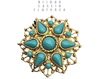 Bijoux CASCIO awesome brooch inspired by Renaissance jewels w/glass Turquoise cabochons - Italian luxury for collection-Art.445/6