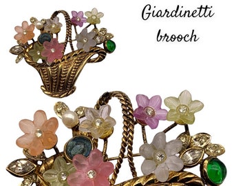 Sweet Spring Basket "Fruit Salad" Flowers Brooch accentuated by clear rhinestones, pearl & Gripoix set  800 silver gold plated -Art.783/5