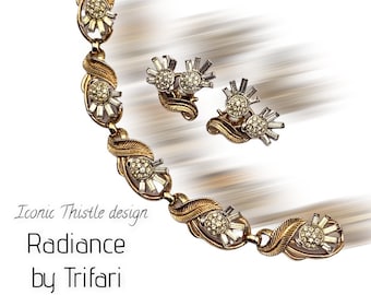 Trifari Alfred Philippe Rhinestone 1950's Thistle Flower bracelet & earrings set Radiance collection  Baguette Rhinestones - art.166/6