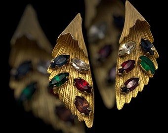 1950 Stunning Golden Cones Earrings - multicolor marquise crystals -very cool earrings in climber style - Art.394/3--