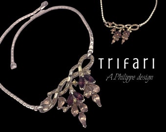 Exquisite vtg Crown Trifari Alfred Philippe Pat Pend. - violet wisteria w/Diamante  Choker Necklace, Rhodium Plated- wedding jewels-314/6