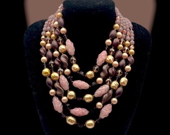 Collier Vintage 3 Rangs Perles De Verre – Collier Long Années 70 Style Murano Venise