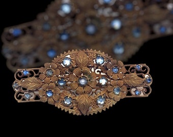 Antique 1920s  blue sky  Czech Rhinestones Brooch Pin - Dazzling flowers on ancient Victorian  filigree brooch - art.525/3 -