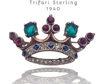 Trifari  Sterling & Crystals Crown Brooch-Crown motif sterling  emerald/Ruby/Sapphire paste  brooch by Trifari - Art.212/6