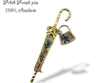 Vintage PETIT POINT Umbrella Parasol & Purse Brooch Pin Dainty Feminine- exquisite  Petit Point Embroidery  - art.428/6