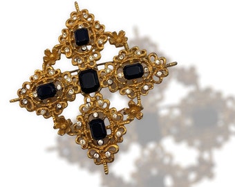 Spectacular large brooch, Rich gold Florentine finish open work  Renaissance revival with deep black stones and clear chatons -Art.129/2 -