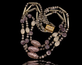 Three strands glass beads gray/violet/pink  colors necklace - 1950s mix of shape and sized with sparkling AB stones clasp - Art.337/6