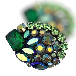 1950s French Vintage gold tone Drop Brooch with green tone & AB stones - brilliant rhinestones set on gold tone frame - art.380/6