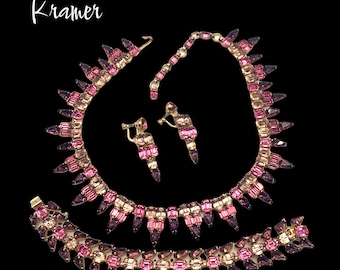 High-end and Rare  Kramer of NY Purple Pink Necklace Bracelet & Earrings Signed Parure Set Vtg - Sparkling splendor so glamorous -Art.605/4