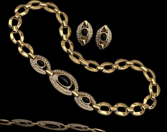 Très fabuleux ensemble collier et boucles d'oreilles en verre, onyx et cristaux - Bijoux fantaisie de haute qualité des années 1970 -- art.167/3-