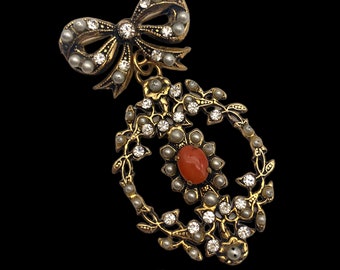 Gorgeous Edwardian design dangle pendant brooch w/real red coral cab, seed pearls & clear crystals in a exquisite  gold tone setting-557/5